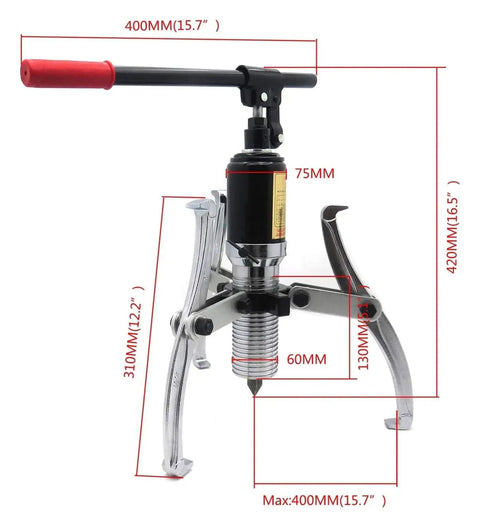 5 Ton Three Jaw Hydraulic Gear Puller With 360 Degree Flexibility in silver steel with measurements for auto garage use