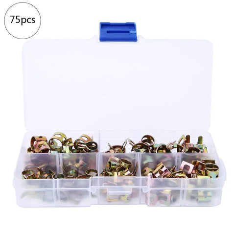 Open plastic box displaying 75 Piece Spring Hose Clamp Kit With Zinc Plated Steel For Quick Fixes And Secure Pipes Hoses Glass Acrylic Filter Buckets A Versatile Assortment Of Fasteners For Home Workshop Diy Projects