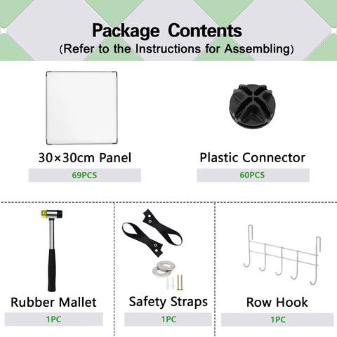 Package contents showing 30x30cm panels, plastic connectors, rubber mallet, safety straps, and row hook for 20 Cube Storage Organizer Shelves Unit DIY Plastic Modular Bookcase in Transparent White for Bedroom Living Room and Office Easy Assembly Space Saving Cubes for Books Toys Decor Perfect for a Clean Modern Vibe.