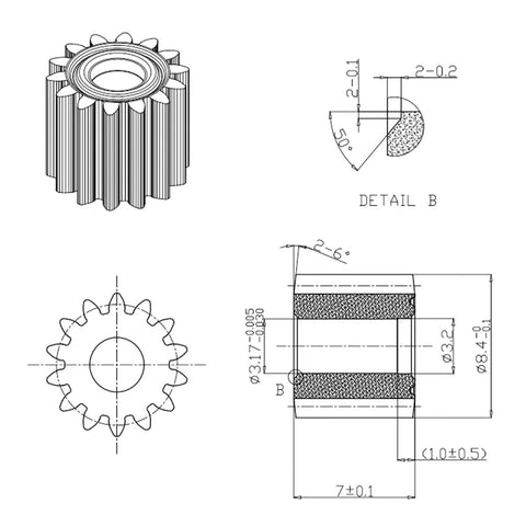 Technical drawing of RS550 DC Motor 8.2mm Gear 14 Teeth Micro Motor 21V 28000RPM High Speed Electric Saw Motor dimensions and design