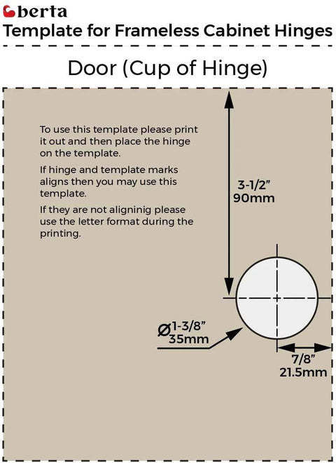 Template showing dimensions for Full Overlay Frameless Soft Close Cabinet Hinges For Kitchen Doors 110 Degree Clip On Concealed European Hinges 6 Pack With Dowels 3D Adjustable 3 Cam Vertical Horizontal Depth.
