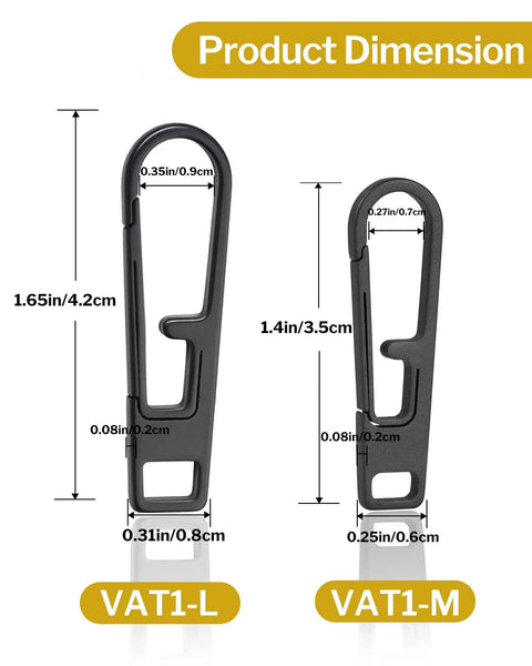 Beefed Up Heavy Duty Titanium Zipper Pull Replacement Kit size chart for jackets, coats, suitcases, and bags