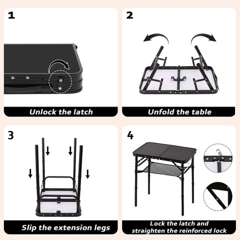 Assembly steps for Foldable Picnic Table With Storage Net In Matte Black Aluminum, showing unlocking, unfolding, leg extension, and latch lock.