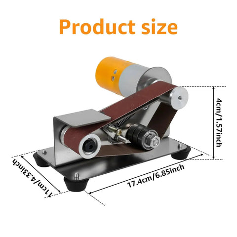 Ultra Compact Mini Electric Belt Sander With Grinder Set shown with dimensions and design features, ideal for DIY projects.