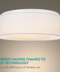 Flush Mount Ceiling Light With Fabric Drum Shade, 15.75 Inch Diameter, 22W LED, Warm White 3000K, Cozy Vibe For Bedroom Living Room Kitchen Hallway, Soft Diffused Glow, Modern Home Upgrade showing energy-saving feature