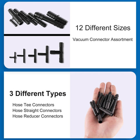Amazon 105-piece automotive vacuum connector set with 12 sizes; black plastic hose fittings.