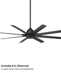 Heavy Duty 66 Inch Outdoor Ceiling Fan With Slick Matte Black Coating, featuring 8 blades and included 6 inch downrod.