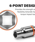 Close-up of a 6-point socket from One Quarter Inch Drive Metric Master Socket Set, 14 Piece Shallow 6 Point Hex Socket Kit Covering 4mm To 15mm, Chrome Vanadium Steel With Heavy Duty Molded Case For Home Garage Workshop DIY Projects, highlighting its hexagonal grip design for high torque applications.
