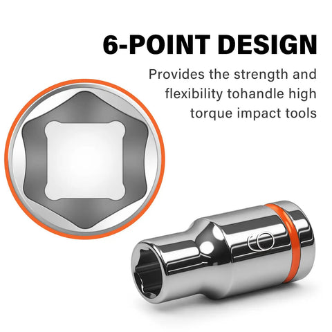 Close-up of a 6-point socket from One Quarter Inch Drive Metric Master Socket Set, 14 Piece Shallow 6 Point Hex Socket Kit Covering 4mm To 15mm, Chrome Vanadium Steel With Heavy Duty Molded Case For Home Garage Workshop DIY Projects, highlighting its hexagonal grip design for high torque applications.