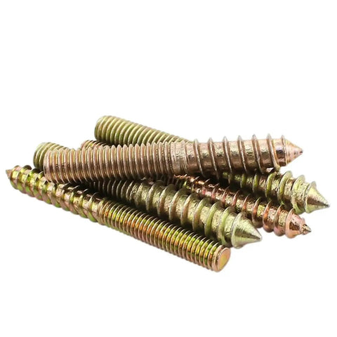 Close-up of Heavy Duty M5 Hanger Bolt Set For Wood To Metal Dowels Double Ended Furniture Fixing Screws, self tapping, 35mm length