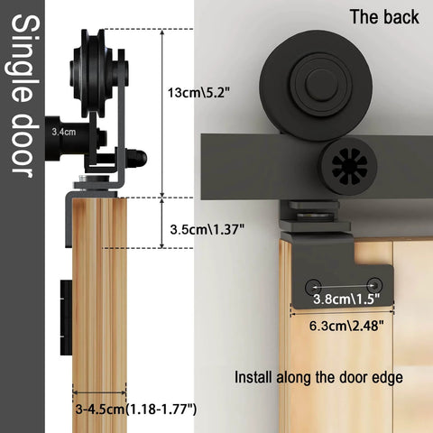 Close-up of carbon steel bi-fold barn door hardware kit installed, showing 3.3ft track and frosted black finish details.