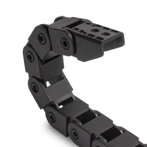 Close-up of R28 Bridge Type Drag Chain Cable Carrier 10x10mm Inner 39in Length Black PA66 Nylon Easy Open Link Chain for 3D Printer and CNC Router
