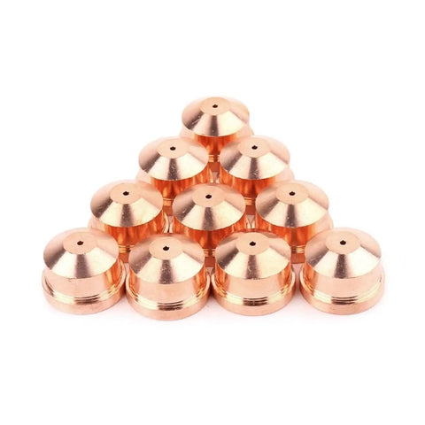 Top Tier Plasma Cutter Parts Consumables Including Electrodes And Nozzles For A101 A141 Machines 20 Pcs Set Copper Nozzles arranged in a pyramid.