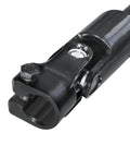 Lower steering column intermediate shaft with U-joint, black steel, close-up view of end with clamp and bolt.