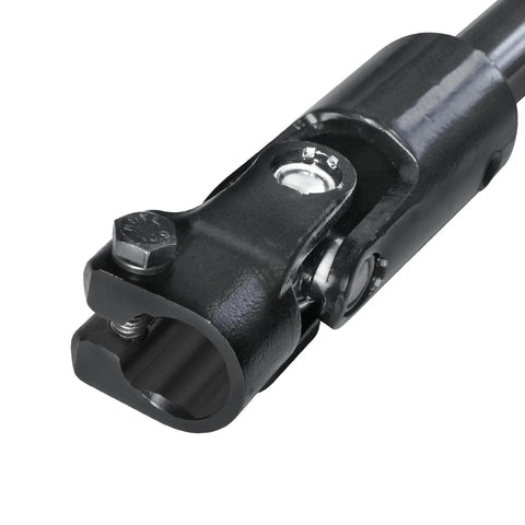 Lower steering column intermediate shaft with U-joint, black steel, close-up view of end with clamp and bolt.