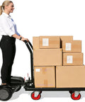 ErShangMao Motorized Flatbed Cart With 900W Dual Brushless Motor, 12kmH Electric Pallet Jack For Warehouse, Heavy Duty 8 Inch Wheels, 661 Lb Foldable Electric Platform Truck, High Speed Workhorse moving boxes in a warehouse.
