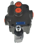 Front view of ALL-CARB 1-spool hydraulic valve, black body with red port caps and blue nameplate