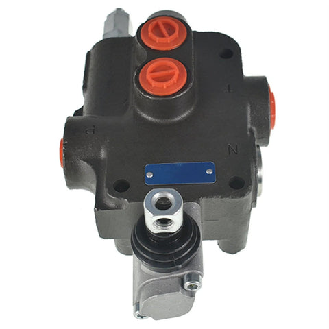 Front view of ALL-CARB 1-spool hydraulic valve, black body with red port caps and blue nameplate