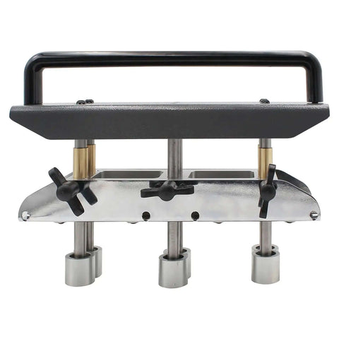 Front view of Three Station Roller Bender for roofing sheet metal, heavy duty bending tool for 0 to 90 degree folds, portable design