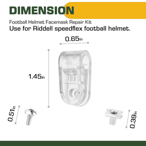 Dimensions of Football Helmet Facemask Clips Kit 4 Pack With Screws And Nuts for Speedflex helmets, showing clip, screw, nut sizes.