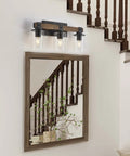 4-Light Industrial Farmhouse Vanity Lights With Rustic Wood And Clear Glass, Modern Metal Wall Sconce in entryway