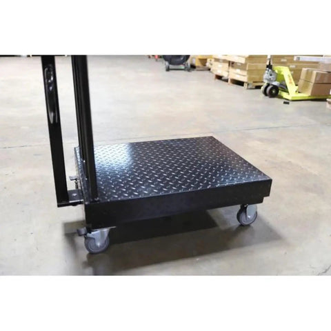 Close-up of Heavy Duty Digital Platform Bench Scale With Smooth Roll Casters And Reinforced Backrail, 24 By 32 Inches, 1000 Pound Capacity.