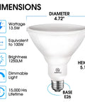Diagram showing dimensions of Powerful 100W Outdoor Par38 LED Flood Light 1250lm 5000K Daylight Dimmable E26 Base Waterproof