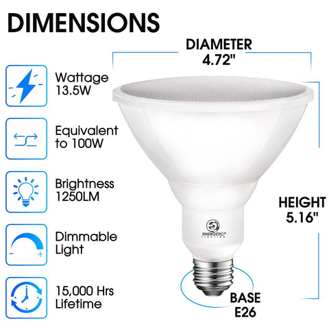 Diagram showing dimensions of Powerful 100W Outdoor Par38 LED Flood Light 1250lm 5000K Daylight Dimmable E26 Base Waterproof