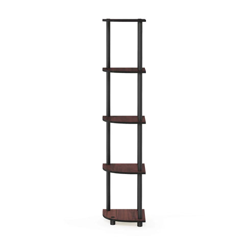 Space Saving Corner Shelf With Five Tiers For Living Room Or Home Office In Dark Cherry Finish Open Storage For Books Decor And Organization In Small Spaces with uncovered shelves and vertical design