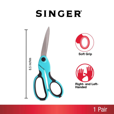 Heavy Duty Bent Fabric Scissors 8.5 Inch With Comfort Grip For Sewing And Crafting, Pro Grade Shears For Cutting Multiple Fabric Layers, Tempered Dual-Sided Blades For Sharp Long-Lasting Performance. 8.5-inch Singer soft-grip scissors, right- and left-handed