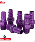 Six male plugs from 14 Piece Hi Flo V Style One Fourth Inch Purple Anodized Kit For Spray Paints, Sand Blasting, And High CFM Blow Guns.