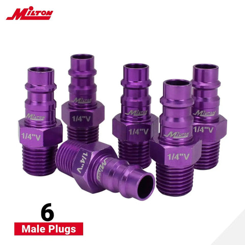 Six male plugs from 14 Piece Hi Flo V Style One Fourth Inch Purple Anodized Kit For Spray Paints, Sand Blasting, And High CFM Blow Guns.