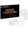 Clear Rubber Door Stopper Set With Self Adhesive Bumpers for Walls and Cabinets shown with packaging and two shapes.