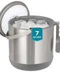 Big Boy 7qt Vacuum Insulated Ice Bucket With Lid And Scoop, Heavy Duty Cold Drink Cooler Keeps Your Drinks Freakin Frosty And Party Ready For Any Backyard Hang, filled with ice.