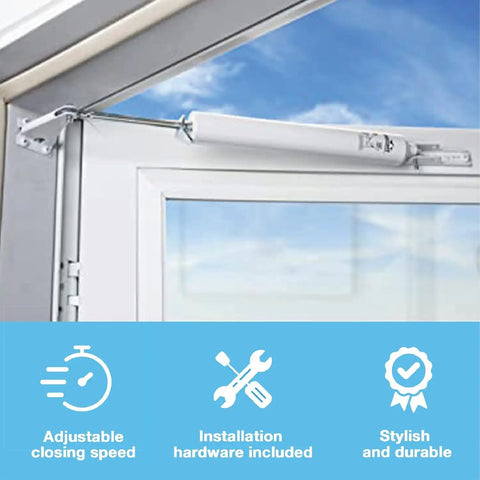 Pneumatic Storm Door Closer With Adjustable Speed And Hold Open Washer installed on out swinging storm door, white finish.