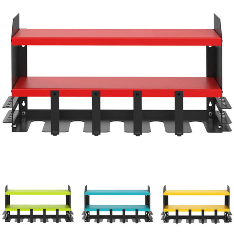 Red Power Tool Organizer Wall Mount with 5 Drill Slots Storage Rack and Charging Station, heavy-duty garage shelf.