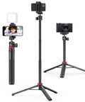 Get The Ultimate Extendable Phone Tripod That Works As Selfie Stick Vlog Stand Featuring Two In One Phone Clip And Full Three Sixty Ball Head Perfect For Iphone Sony And Dji Osmo Action Cameras, shown extended with smartphone and camera attachments