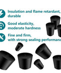 30 Pcs Solid Rubber Stoppers Assorted Sizes 000 To 8 Tapered Lab Bung Stoppers showcasing insulation and sealing features.