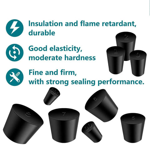 30 Pcs Solid Rubber Stoppers Assorted Sizes 000 To 8 Tapered Lab Bung Stoppers showcasing insulation and sealing features.