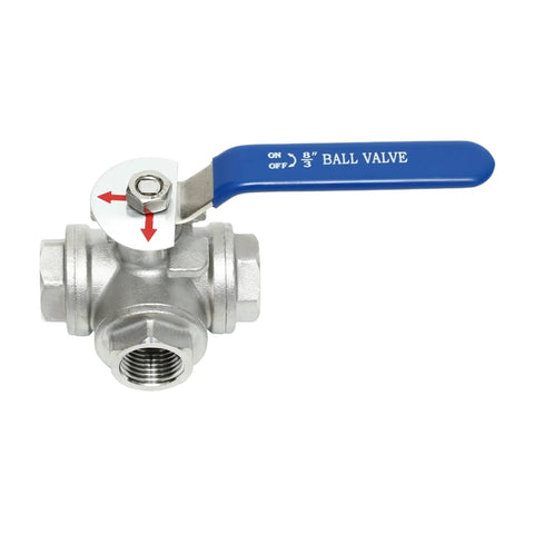 Three Eighths Inch NPT Female Port Three Way Ball Valve With L Port Stainless Steel 304 Vinyl Locking Handle Tough As Nails Built