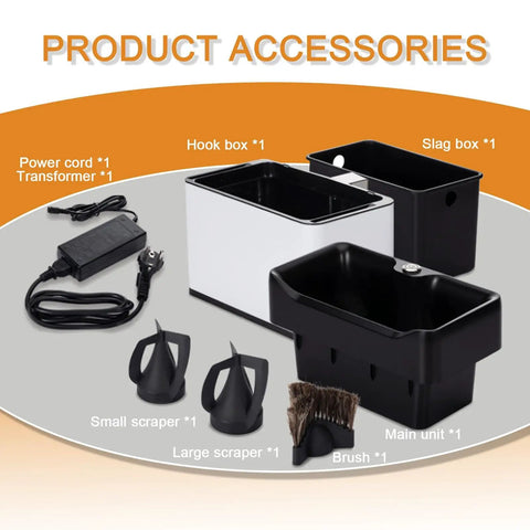 Slick Electric Coffee Knock Box With Quick Portafilter Cleaner includes main unit, hook box, slag box, scrapers, brush, and power cord.