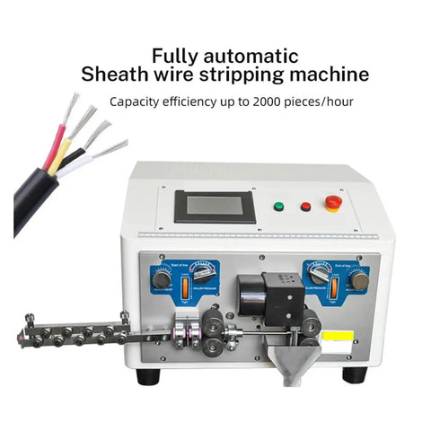 Industrial Automatic Computer Cable Cutting And Stripping Machine with digital control panel and wire feed rollers.
