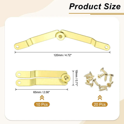Heavy Duty Spring Loaded Metal Lid Support Hinges 10 Pack Yellow Foldaway Cabinet Door Stays Durable As Heck Iron Craft Box Props With Included Mounting Screws Measuring 4.72 Inches and screws displayed.