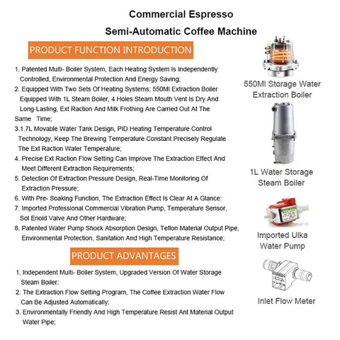 Commercial Semi Automatic Espresso Machine With Dual Boiler System 550Ml Extraction Boiler And 1L Steam Boiler product features diagram