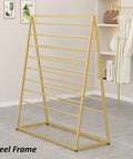 Double Sided Scarf Rack Display 8 Tier Pants Organizer Floor Standing Clothes Hanger metal steel frame in golden color.