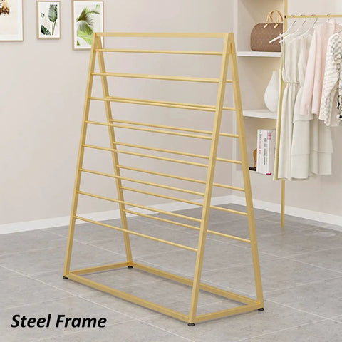 Double Sided Scarf Rack Display 8 Tier Pants Organizer Floor Standing Clothes Hanger metal steel frame in golden color.