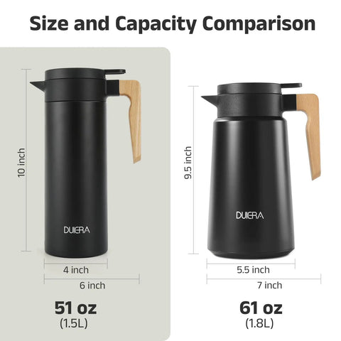 Double Walled Stainless Steel Thermal Coffee Carafe 51 Oz Keeps Your Drinks Hot Or Cold For Hours, 1.5 L Black size comparison