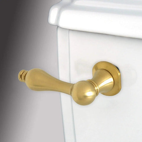 Victorian Style Toilet Tank Lever In Brushed Brass Finish, Solid Brass Construction, Front Mount Replacement Handle shown installed