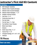 First Aid Only contractor's kit contents, 178 pieces, with construction worker in hi-vis vest and hard hat.