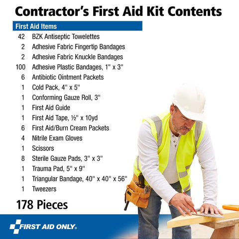 First Aid Only contractor's kit contents, 178 pieces, with construction worker in hi-vis vest and hard hat.